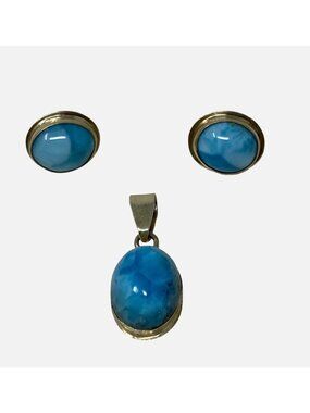 Sterling Silver 925 Blue Larimar Pendant with Matching Cabochon Earrings SET